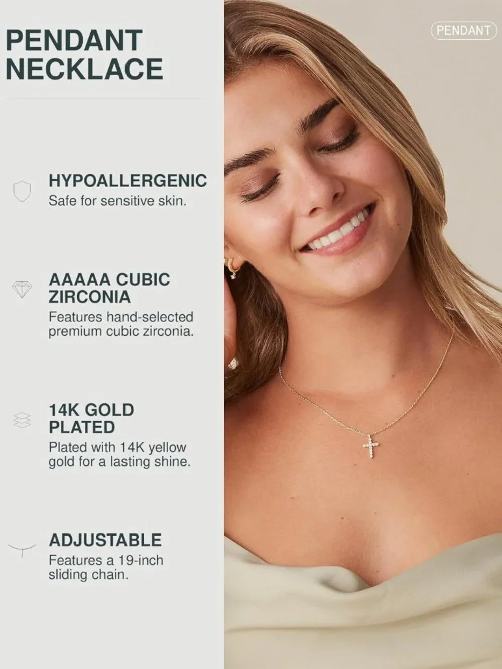 14K Gold Plated Cubic Zirconia Cross Necklace | Faith Pendant Jewelry for Women